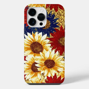 COQUE POUR POUR iPhone 14 PRO MAX TURNESOLS AMÉRICAINS RÉALISME PAILLETTE OR BLEU RO