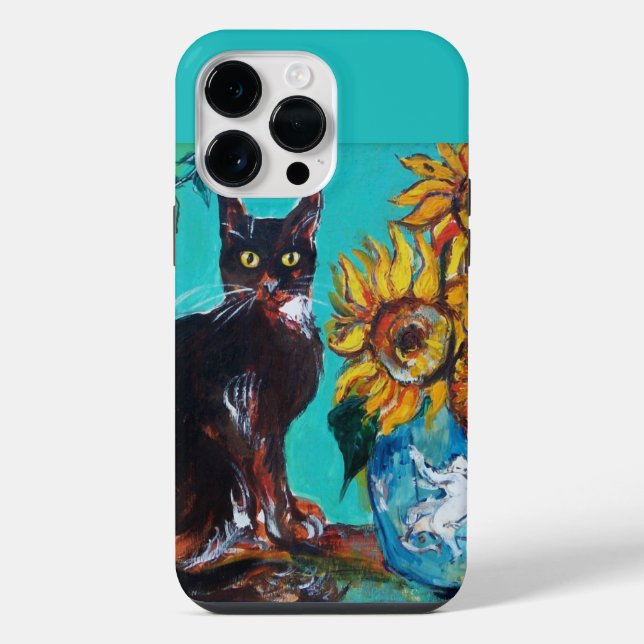 COQUE iPhone TURNESOLS AVEC CHAT NOIR DANS ÉTUI TURQUOISE BLEU- (Verso)