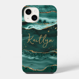Coque Pour iPhone 14 Turquoise Agate Geode Gold Parties scintillant Nom