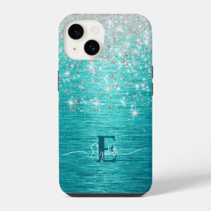 Coque Pour iPhone 14 Turquoise Argent moderne faux monogramme pailleté