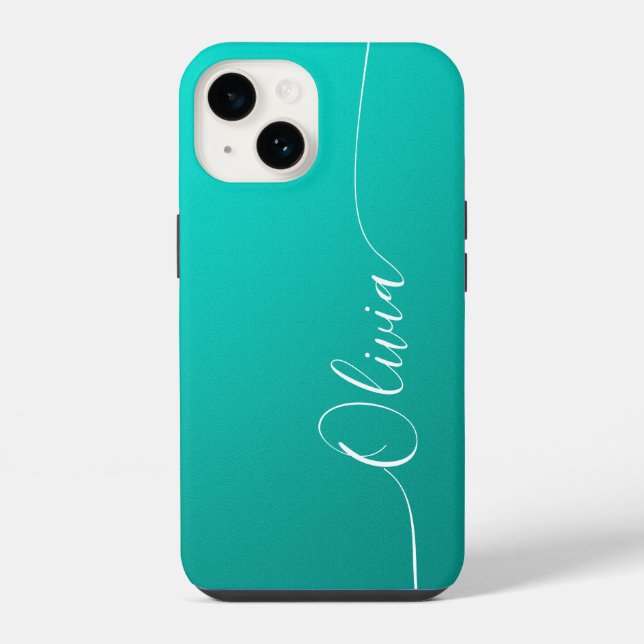 Coque iPhone Turquoise Blanc Élégant Nom en écriture calligraph (Verso)