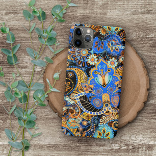Coque iPhone 11Pro Max Turquoise Bleu Orange Noir Paisley Art Floral