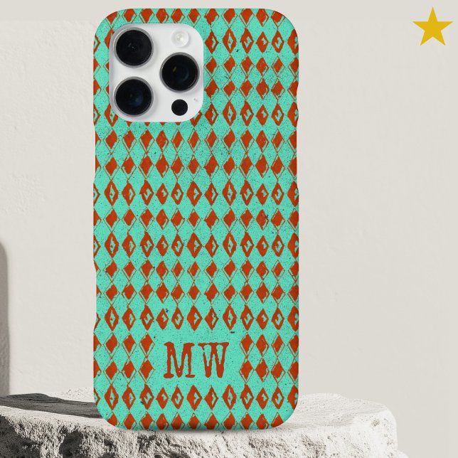Coque iPhone Turquoise Doodle Diamond Pattern Custom Monogram (Créateur téléchargé)