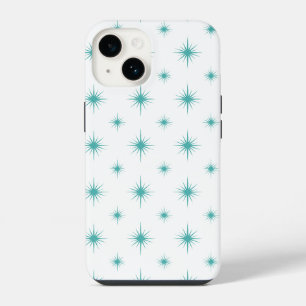 Coque Pour iPhone 14 Turquoise Éclatement Atomique Milieu de Siècle Mot