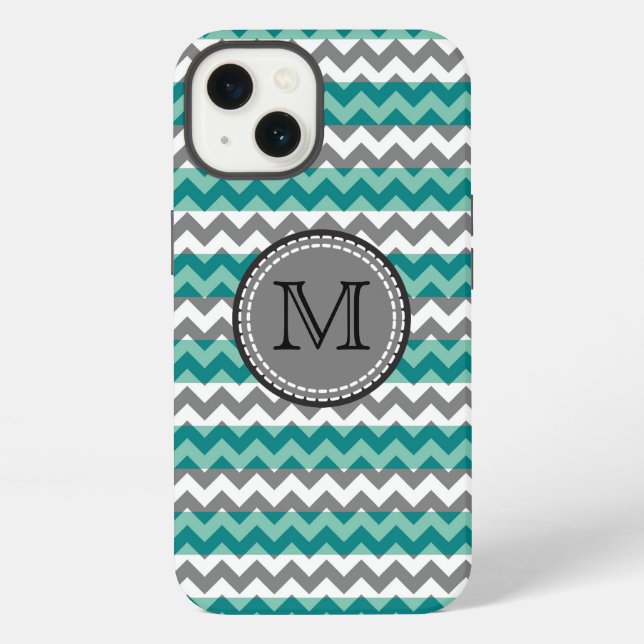 Coque iPhone Turquoise et Chevron Gris Monogramme Zigzag (Verso)