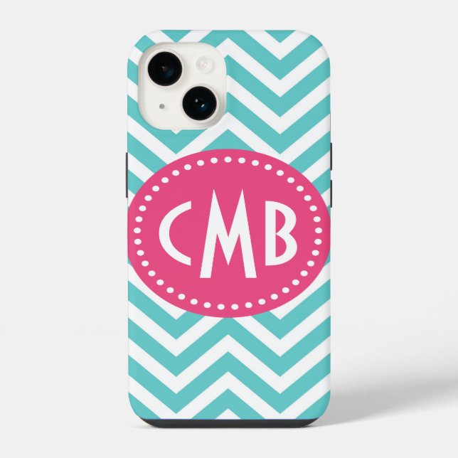 Coque iPhone Turquoise et rose chevron monogramme moderne (Verso)