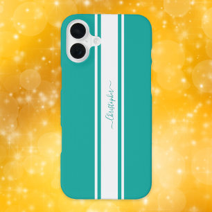 Coque iPhone 16 Plus Turquoise Moderne White Racing Grilles Monogrammed