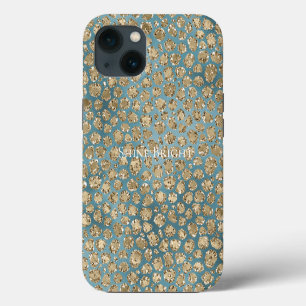 Etui iPhone 13 Turquoise or bleu vert brillant Empreinte de léopa