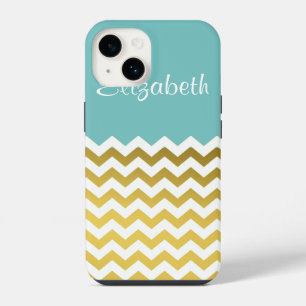 Coque Pour iPhone 14 Turquoise stylé, Chevron personnalisé blanc et or