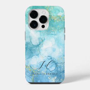 Coque Pour iPhone 14 Plus Turquoise Vert aquarelle Paillettes Personnalisabl