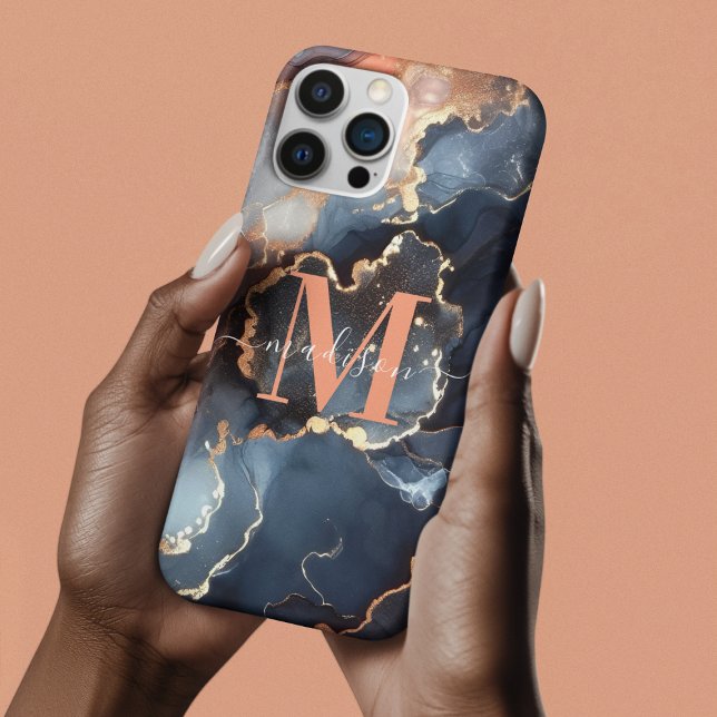 Coque iPhone Typographie de monogramme girly Marbre Agate Abstr (Créateur téléchargé)