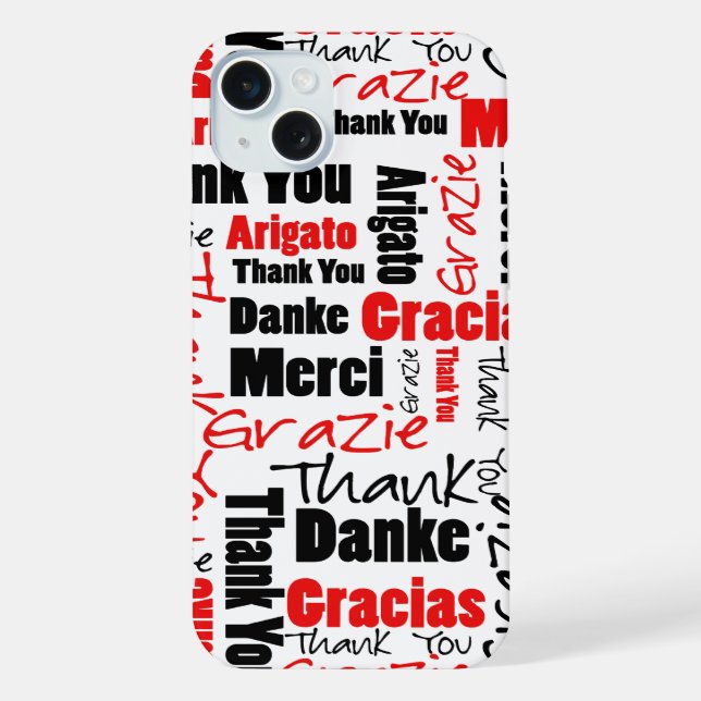 Coque iPhone Typographie rouge et noire Merci multilingue (Verso)