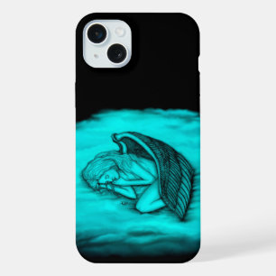Coque iPhone 15 Plus Un ange endormi, dessin noir et vert