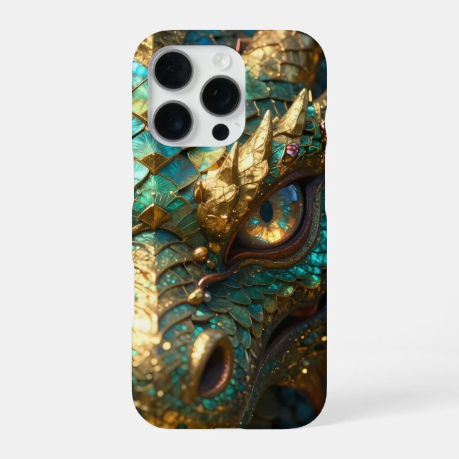 Coque iPhone Un dragon mystique turquoise et or (Verso)