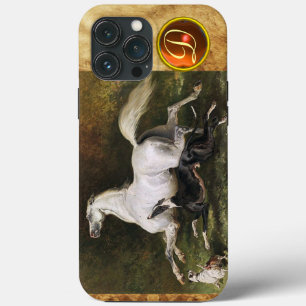 Etui iPhone 13 Pro Max Un étalon arabe gris galopant avec monogramme de c