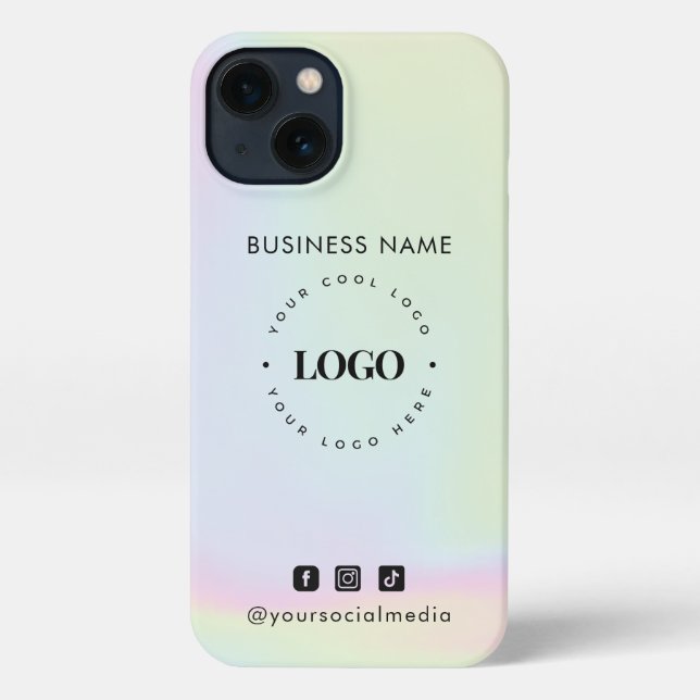 Coque iPhone Unicorn Rainbow Holograph Business Logo & Social (Verso)