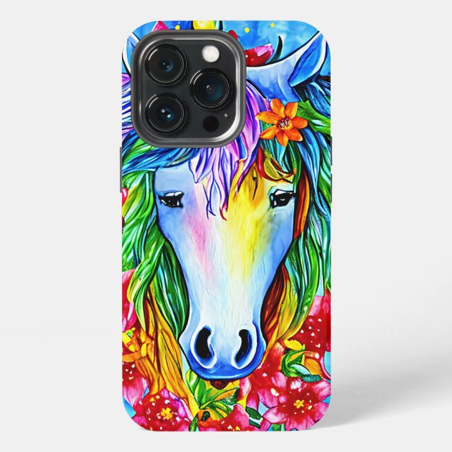 Coque iPhone Unicorne Abstraite Fleurs de visage aquarelle Art (Dos)