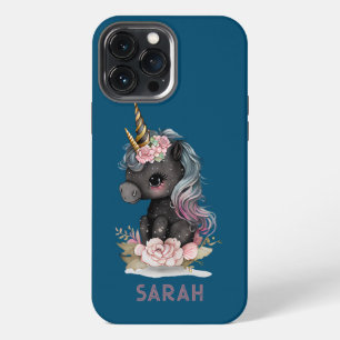 Etui iPhone 13 Pro Max Unicorne noire mignonne avec Fleurs Aquarelle Unic