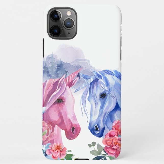 Coque iPhone Unicornes avec fleurs Aquarelle Art (Dos)
