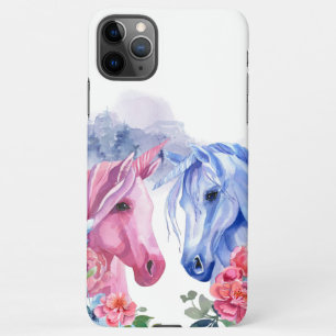 Coque iPhone 11Pro Max Unicornes avec fleurs Aquarelle Art