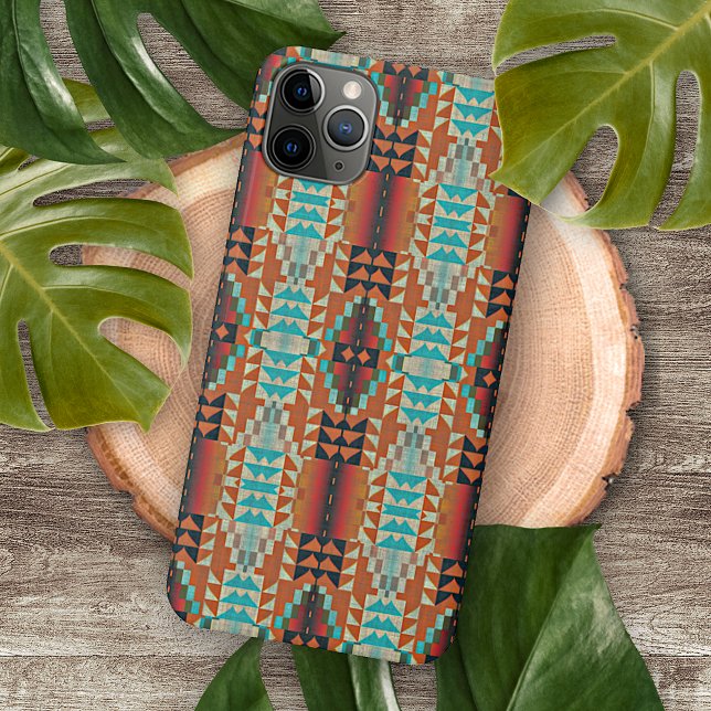 Coque iPhone Unique bleu aqua rouge orange mosaïque ethnique tr (Créateur téléchargé)