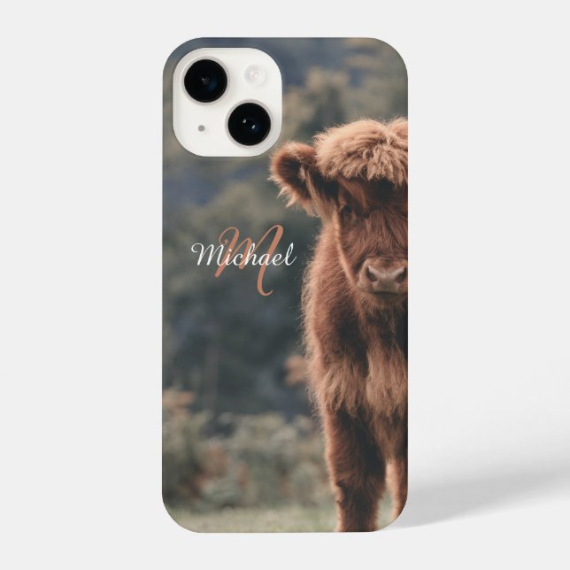 Coque iPhone Vache de Highland calvaire herbe d'automne monogra (Verso)