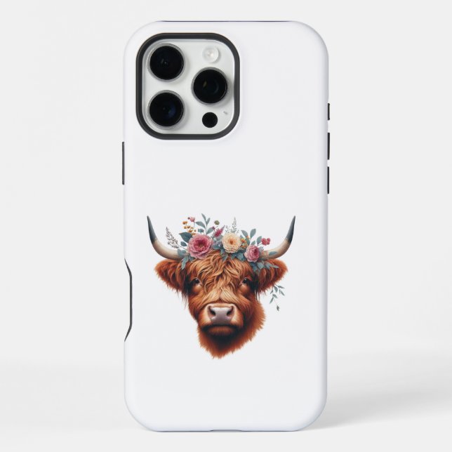 Coque iPhone Vache des hautes terres mignonne, florale/printani (Verso)
