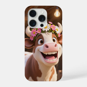 Coque iPhone 15 Pro Vache souriante mignonne avec couronne de fleurs e