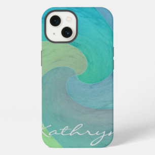 Etui iPhone 13 Vague aquarelle turquoise vert Art personnalisé