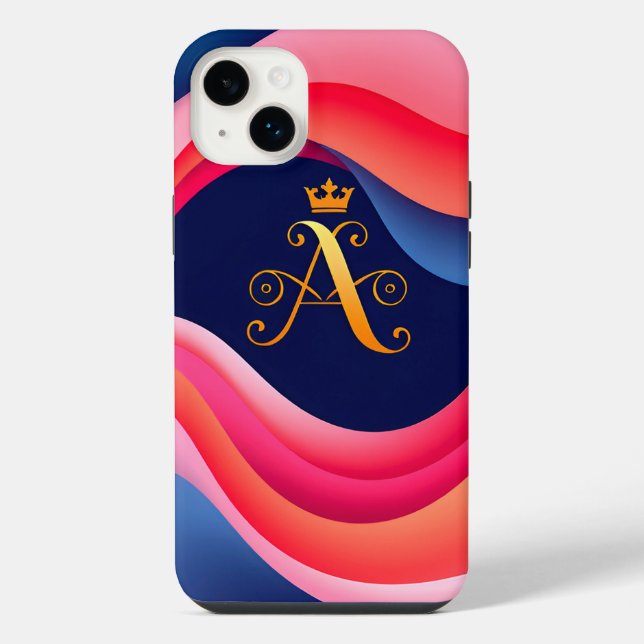 Coque iPhone Vagues abstraites avec initiale dorée stylisée (Verso)