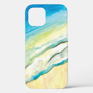 Coque iPhone 12 Vagues bleues et sable de plage à l'aquarelle Surf