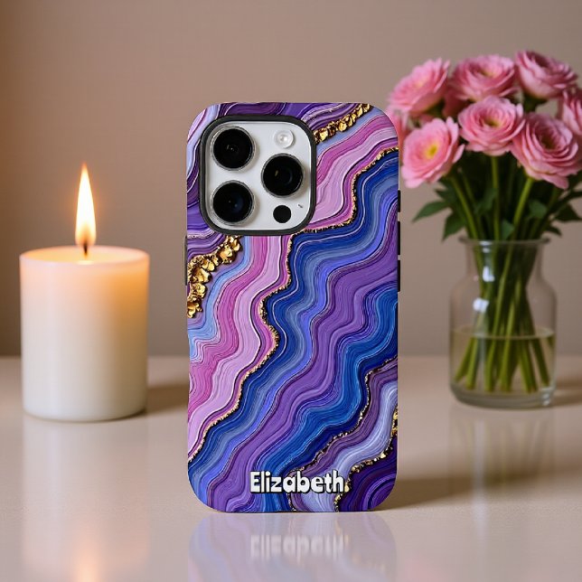Coque iPhone Vagues d'agate violette avec or (Créateur téléchargé)