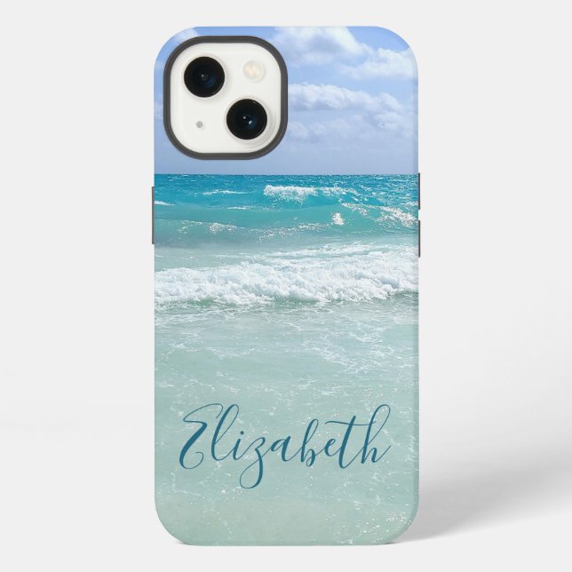Coque iPhone Vagues de la plage de l'océan Ajoutez votre nom (Verso)