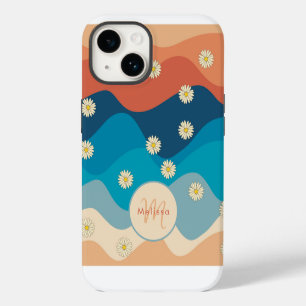 Coque Pour iPhone 14 Vagues et marguerites colorées Motif Monogramme