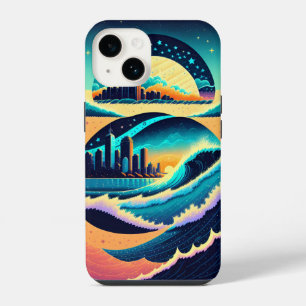 Coque Pour iPhone 14 Vagues fracassantes lumières de la ville étoiles n