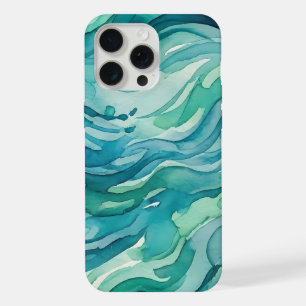 Coque iPhone 15 Pro Max Vagues océaniques à l'aquarelle sarcelle
