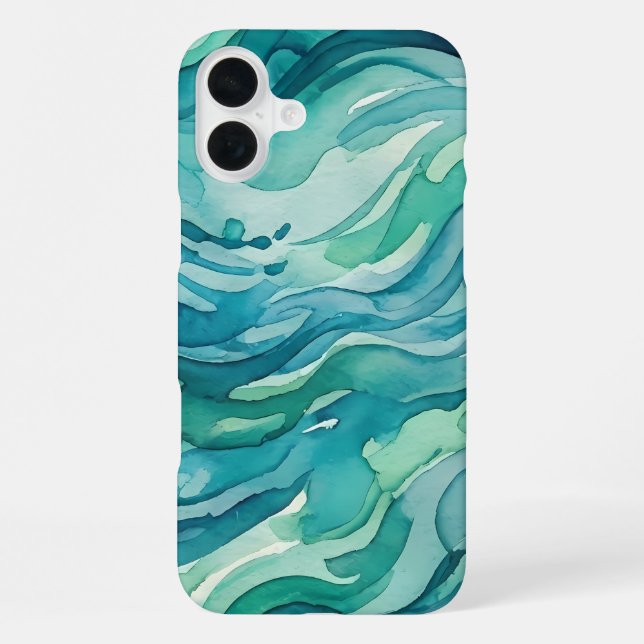 Coque iPhone Vagues océaniques à l'aquarelle sarcelle (Verso)