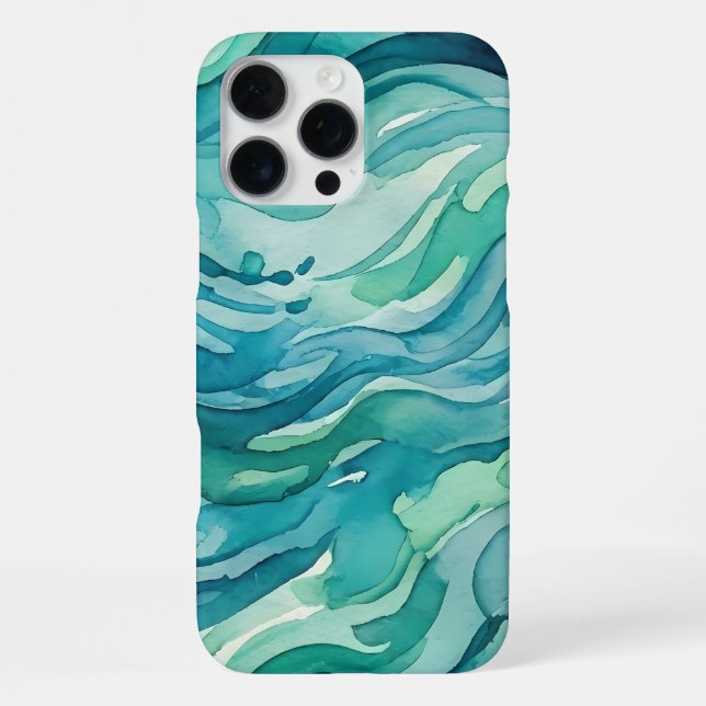 Coque iPhone Vagues océaniques à l'aquarelle sarcelle (Verso)