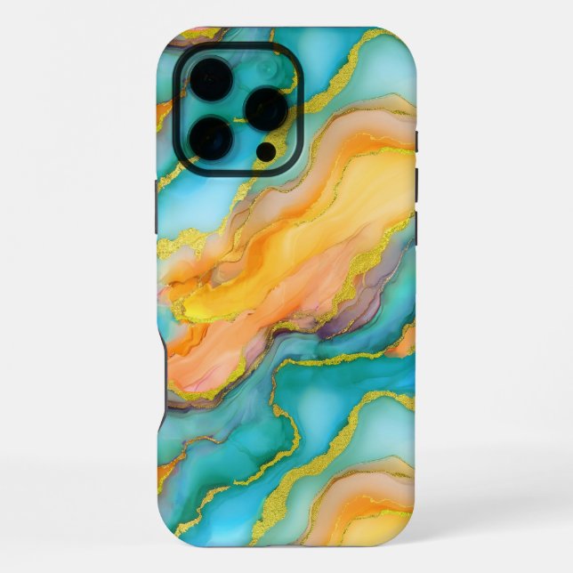Coque iPhone Vagues océaniques dans un motif sarcelle et jaune- (Verso)