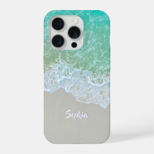 Coque iPhone 15 Pro Vagues océaniques douces, sable de plage, nom du s