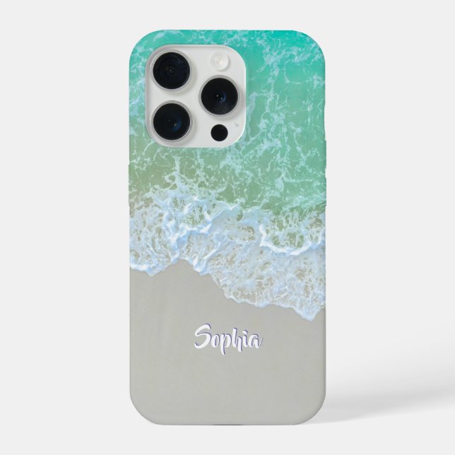 Coque iPhone Vagues Océaniques Douces, Sable de Plage, Nom en É (Verso)
