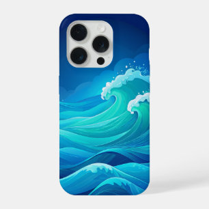 Coque iPhone 15 Pro Vagues océaniques Turquoise Bleu marine Art de mer