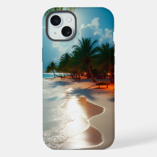 Coque iPhone 15 Plus Vagues tropicales Plage ciel bleu nuageux