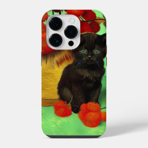 Coque Pour iPhone 14 Plus Van Gogh Black Kitten Fleurs rouges