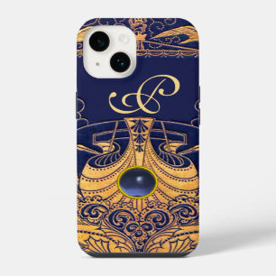 Coque Pour iPhone 14 Vase Antique,Dauphins,Or,Monogramme Bleu Marine