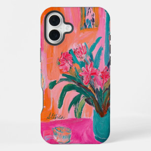 Coque iPhone 16 Plus Vase fauve vibrant de fleurs roses