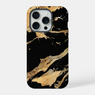 Coque iPhone 15 Pro Veines Dorées sur Marbre Noir – Texture Luxueuse A