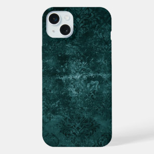 Coque iPhone 15 Plus Velvety Turquoise Damask Grunge vert foncé Baroq