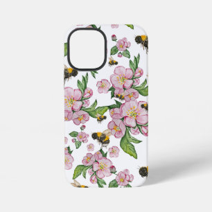 Coque iPhone 12 Mini Verger de pommiers en fleurs avec abeilles aquarel