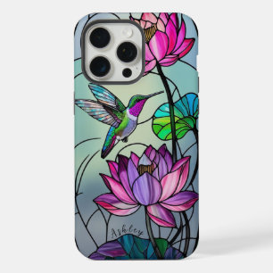 Coque iPhone 15 Pro Max Verre teinté floral colibri Nom personnalisé